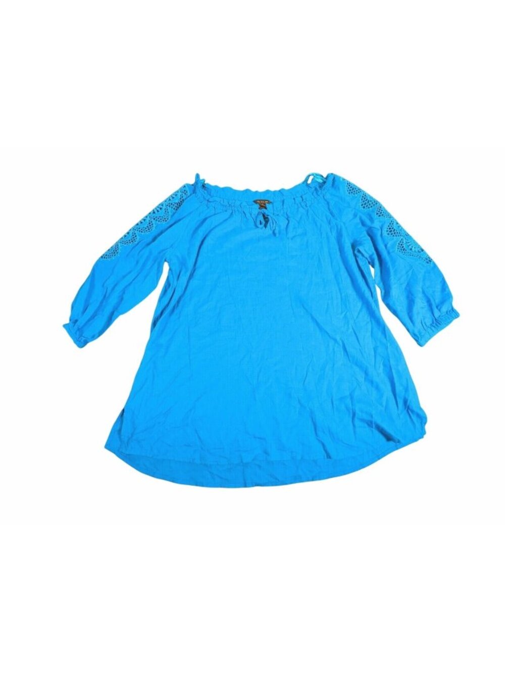 Multiples Womans Plus Blue Top Linen/Rayon Embroidered Boho Resort Old Money 0X